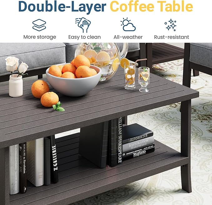 RoyalCraft Outdoor Patio Furniture Set, 5 Seats Outdoor Patio Set with 4" Thick Cushion, All-Weather Metal Patio Sofa with Coffee Table, Outdoor Sectional Furniture for Porch Backyard, Khaki&Grey