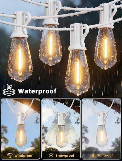 50FT Outdoor String Lights Weatherproof, Patio Lights with 25+2 Shatterproof ST40 Edison Bulbs, Commercial Grade Warm White LED String Lights for Wedding Backyard Christmas Party, White