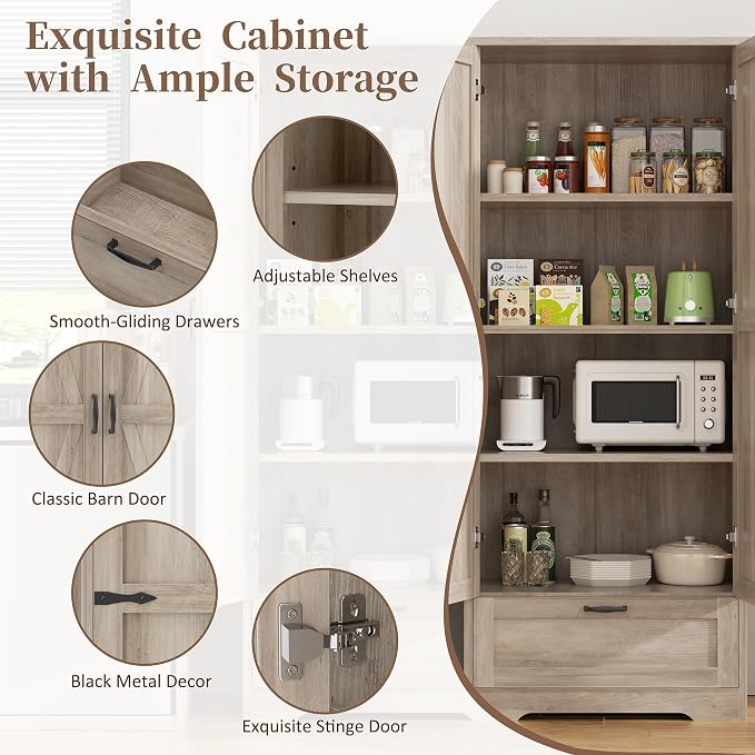 Shintenchi Kitchen Pantry Cabinet, Freestanding Farmhouse Storage Cabinet with 4 Shelves and 1 Drawer, Tall Cupboard for Kitchen, Living Room, Dining Room and Bathroom, Ash Gray