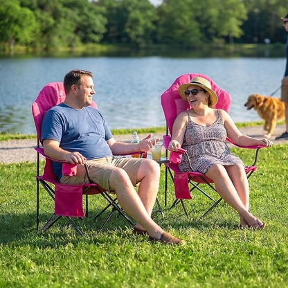 EVER ADVANCED Oversized Camping Chairs, Folding Chairs for Outside Heavy Duty 400LBS Lawn Chairs High Back Camp Chair with Cup Holder for Outdoor, Fishing & Sports, Pink