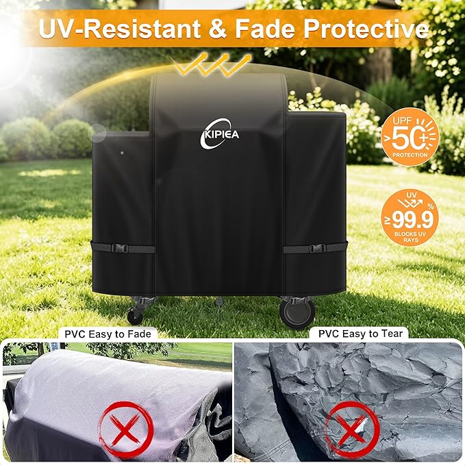 Kipiea Heavy Duty Grill Cover for Traeger Ironwood 650, 600D Oxford Fabric Wood Pellet Smoker Covers Waterproof & Windproof, Pellet BBQ Grill Cover for Outside Anti-UV, No Tear, No Fading