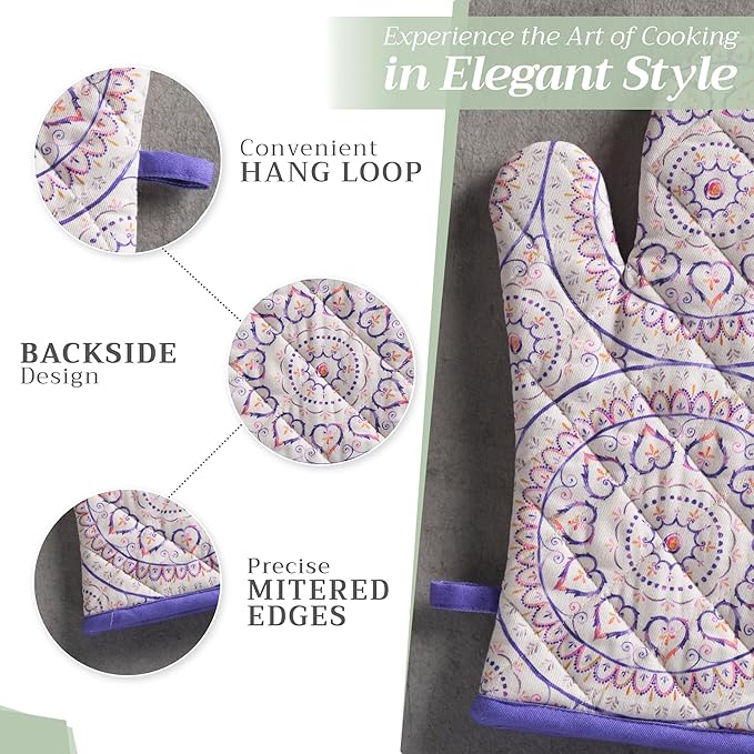 Maison d'Hermine Oven Gloves 100% Cotton Oven Mitt 7" x 13" with Loop Heat Resistant BBQ Cooking Gloves Baking Grilling Kitchen Hotel Home Farmhouse Spring Summer (Pack of 1, Mandala)