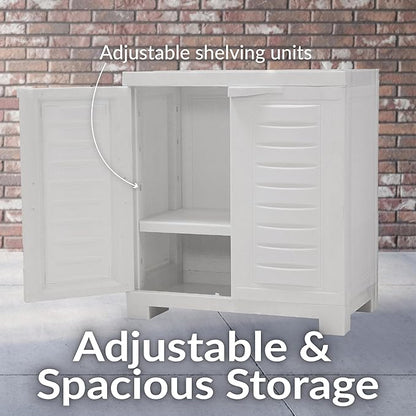 Sunnydaze 25.5" H Resin Garage Storage Cabinet - Garage Cabinet with Doors - Freestanding Utility Storage for Laundry Room, Office, Basement - Speckled White