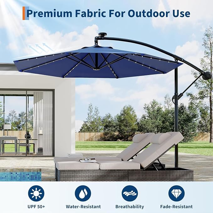 Garvee 10FT Solar Lights Offset Patio Umbrella with Cross Base, Navy Blue | Cantilever Umbrella with Easy Lift & Tilt Adjustment, 8 Ribs Sun umbrella UV Protection for Backyard, Pool, Garden