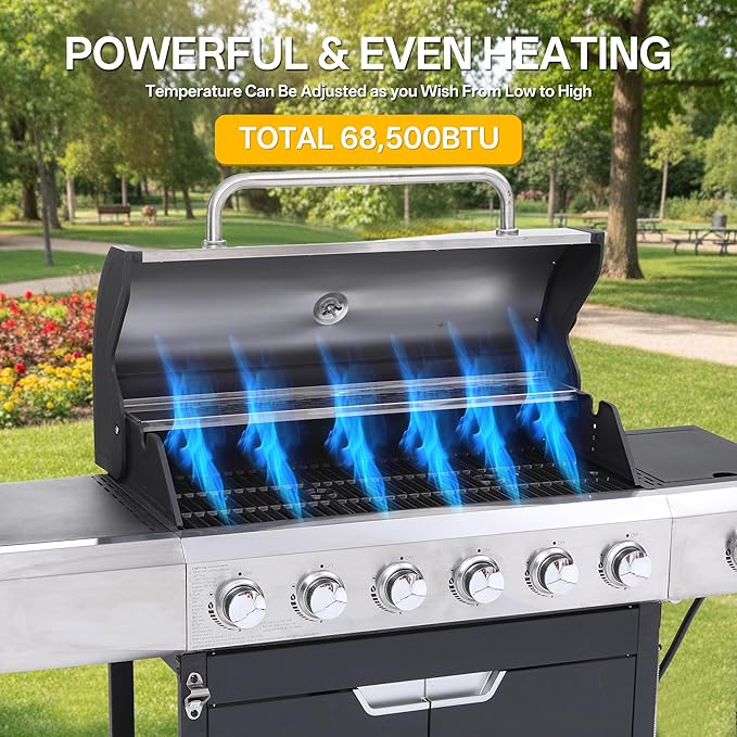 Endark Upgraded 68,500 BTU 6-Burner Propane Gas Grill with Side Burner | Stainless Steel Outdoor BBQ Grill with Porcelain Grates & Wheels for Patio, Garden, Backyard