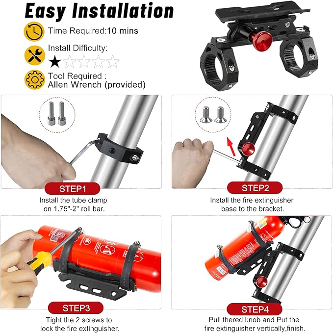 UTV Fire Extinguisher Mount Kit- Quick Release Roll Bar Fire Extinguisher Holder with Aluminum Bracket for Any Vehicle with 1.75"-2" Roll Bar, UTV Accessories Compatible with Polaris RZR/Can Am X3/SXS