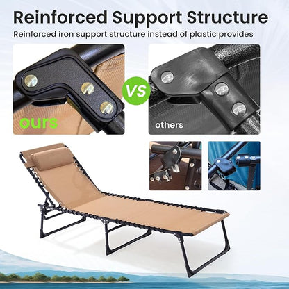 Outdoor Folding Chaise Lounge 5-Position Adjustable Recliner 400LB Heavy Duty Portable Patio Camping Beach Chair, Beige