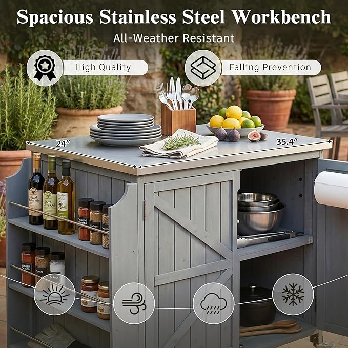 Outdoor Kitchen Island with 4 Locking Wheels, 42”Stainless Steel Top Grill Prep Station, Solid Fir Wood Storage Cabinet with 5-Tier Side Shelf and Adjustable Rack for Patio and BBQ, Grey Blue