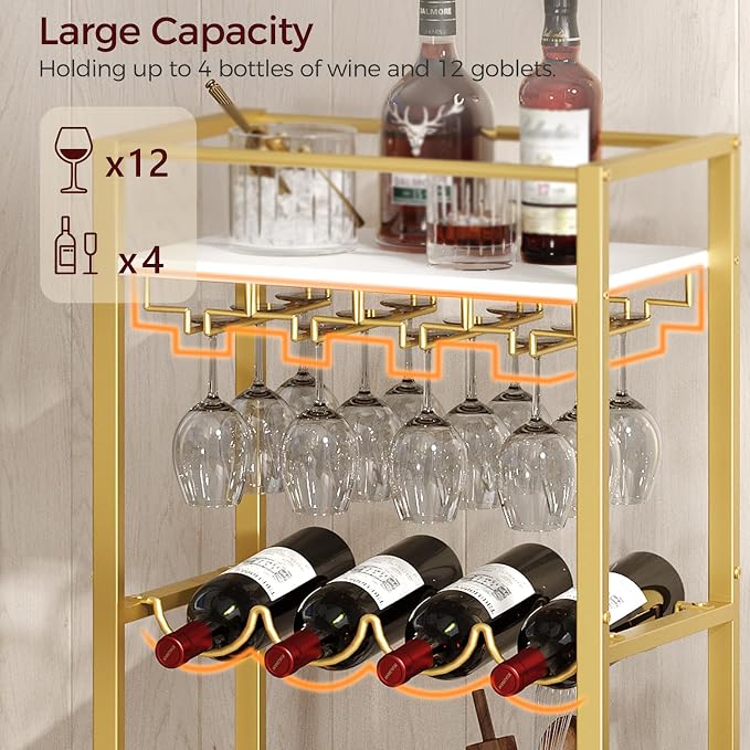 MAHANCRIS Bar Cart for Home, Mini Rolling Wine Cart, 3 Tier Serving Cart, Kitchen Storage Cart with Wine Rack and Glass Holders, for Kitchen, Dining Room, Living Room, Gold and White RCJW9301
