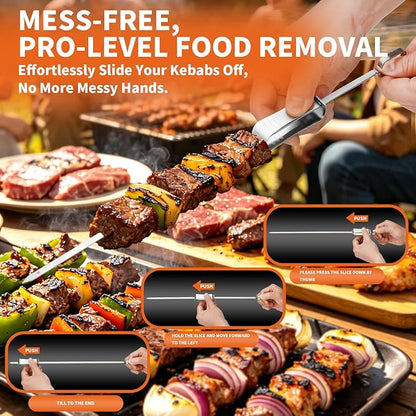 BBQ Skewers for Grilling - 16" Flat Stainless Steel Shish Kabob Skewers with Push Bar Slider - Reusable Metal Kebab Sticks for Meat, Chicken, Shrimp & Vegetables, Set of 6