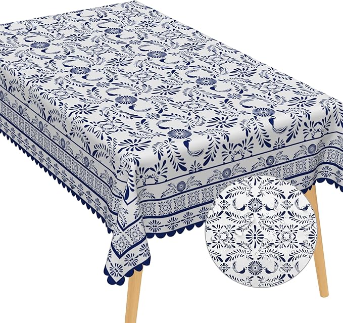 Ethnic Floral Oblong Table Cloths 60x102 Inch Blue Flowers Plants Chic Wrinkle Oil-Proof Resistant Table Cover Folk Style Tablecloths for Indoor Outdoor Kitchen Dining Tabletop Decoration