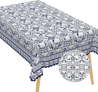 Ethnic Floral Oblong Table Cloths 70x140 Inch Blue Flowers Plants Chic Wrinkle Oil-Proof Resistant Table Cover Folk Style Tablecloths for Indoor Outdoor Kitchen Dining Tabletop Decoration