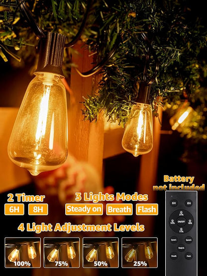 Outdoor String Lights Dimmable with Remote, 50 FT Outdoor Lights with 2 Timer and 3 Modes, Waterproof & Shatterproof Patio Lights, 2200K Energy Saving LED String Lights 2 Spare Bulbs for Patio Yard