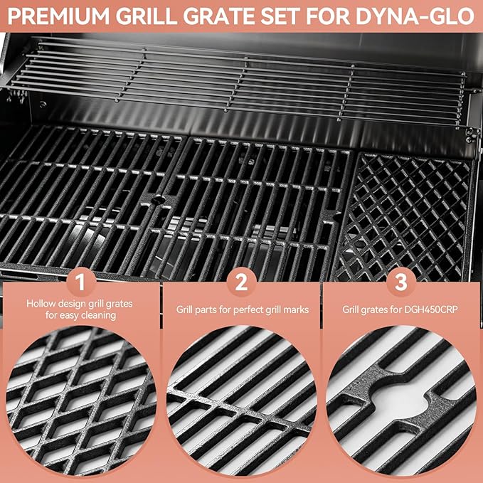 for Dyna-Glo DGH450CRP Grill Grates & Heat Plates Replacement Kit, Fits DGH450CRP DGH451CRP 4 Burner Grill, Cast Iron Cooking Grates + Porcelain Steel Heat Tents (70-01-911, 70-02-411, 70-02-412)