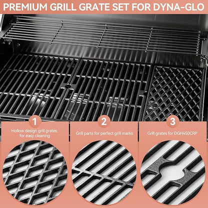for Dyna-Glo DGH450CRP Grill Grates & Heat Plates Replacement Kit, Fits DGH450CRP DGH451CRP 4 Burner Grill, Cast Iron Cooking Grates + Porcelain Steel Heat Tents (70-01-911, 70-02-411, 70-02-412)
