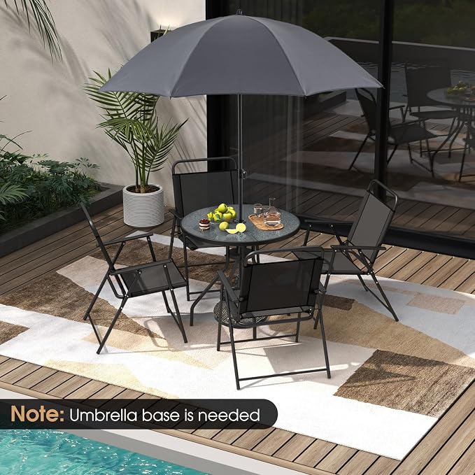 Giantex 6 Pieces Patio Dining Set, Folding Patio Chairs Set of 4, Tempered Glass Umbrella Table with Hole, Patio Table and Chairs for Lawn, Deck, Poolside, Backyard (Grey)