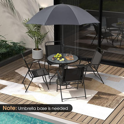 Giantex 6 Pieces Patio Dining Set, Folding Patio Chairs Set of 4, Tempered Glass Umbrella Table with Hole, Patio Table and Chairs for Lawn, Deck, Poolside, Backyard (Grey)