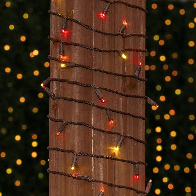 Novelty Lights 50ft 100 LED Yellow, Red, Orange Christmas String Lights | 6 Inch Spacing on Brown Wire, UL Listed IP55 Commercial Grade Xmas Lights, Outdoor & Indoor, Dimmable, Connectable & Patio