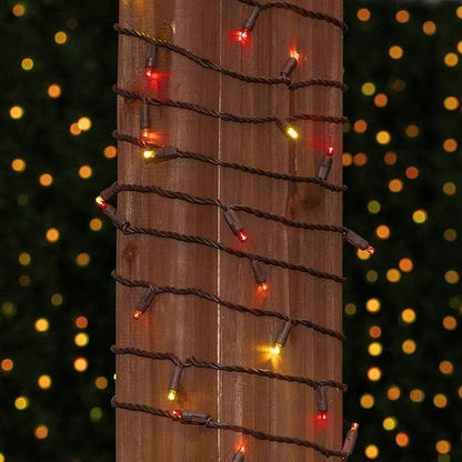 Novelty Lights 50ft 100 LED Yellow, Red, Orange Christmas String Lights | 6 Inch Spacing on Brown Wire, UL Listed IP55 Commercial Grade Xmas Lights, Outdoor & Indoor, Dimmable, Connectable & Patio