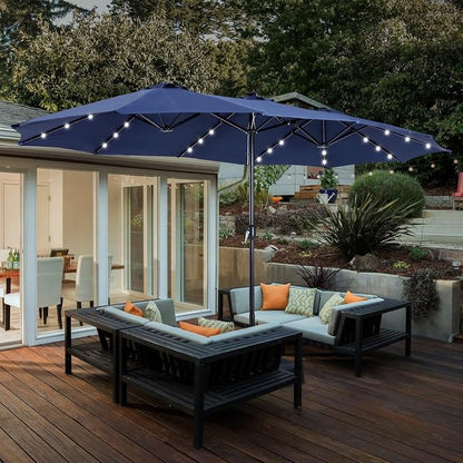 15ft Patio Umbrella with Solar lights & Base, Large Umbrellas, Navy Blue | HERA'S PALACE Rectangle Double Market Umbrella with 36 LED Lights, Big Outdoor Umbrellas for Pool Picnic Inground Yard Deck