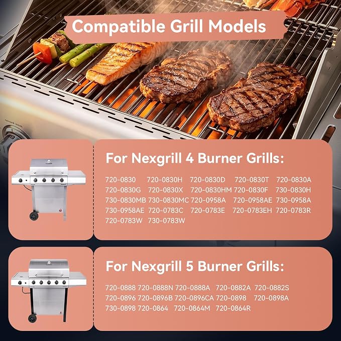 720-0830H Stainless Steel Grill Parts Kit for Nexgrill 4 & 5 Grates Burner | Replacement for 720-0830D 720-0783E 720-0888N 720-0888 720-0958A, Grill Grates Burners Heat Plates Igniters, Kenmore Uniflame