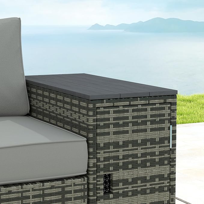 Outsunny 3 Seater Wicker Sofa with 2 Storage Side Tables and Thickened Cushions, Rattan Outdoor Patio Sofa with Wide Armrests, Wicker Outdoor Couch for Porch, Garden, Backyard, Gray