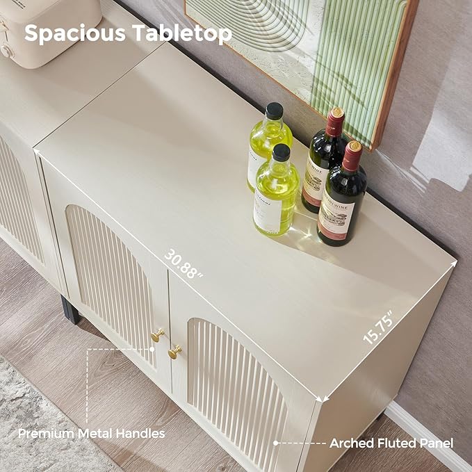 IFBUY Modern Sideboard Buffet Cabinet, 34" Tall Fluted Arched Buffet Cabinet with Storage and Adjustable Shelves, Wooden Modular Coffee Bar Cabinets for Kitchen, Entryway, Cream