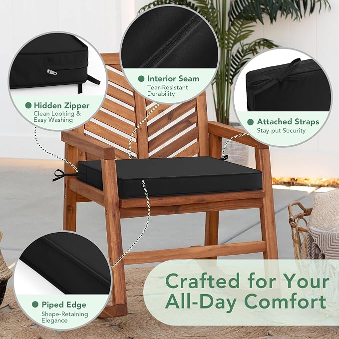 Outdoor Chair Cushions Set of 6: Waterproof & Color Fastness Seat Cushion for Patio Furniture - 22 x 22 x 3 Inch Chair Pads with Ties and Hidden Zipper - Patio Chair Cushion Replacement, Black