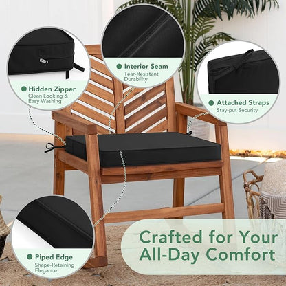 Outdoor Chair Cushions Set of 6: Waterproof & Fade Resistant Seat Cushion for Patio Furniture - 19 x 19 x 2 Inch Chair Pads with Ties and Hidden Zipper - Patio Chair Cushion Replacement, Black