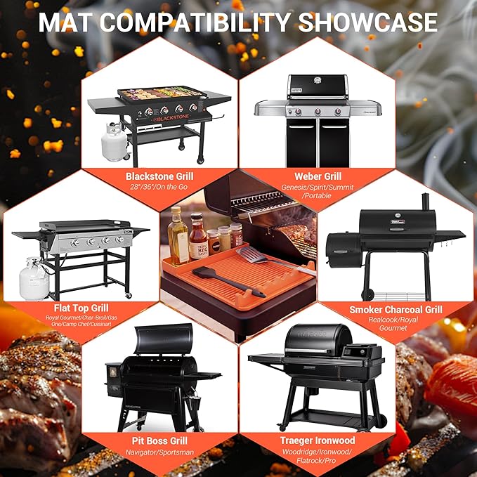 2Pack Silicone Grill Mat for Blackstone - 16x11.5 Inch Non-Slip Tool Mat with Sauce Drip Pad & Wavy Grip, Outdoor BBQ Accessories & Gifts for Men, Dad, Grilling（Orange）