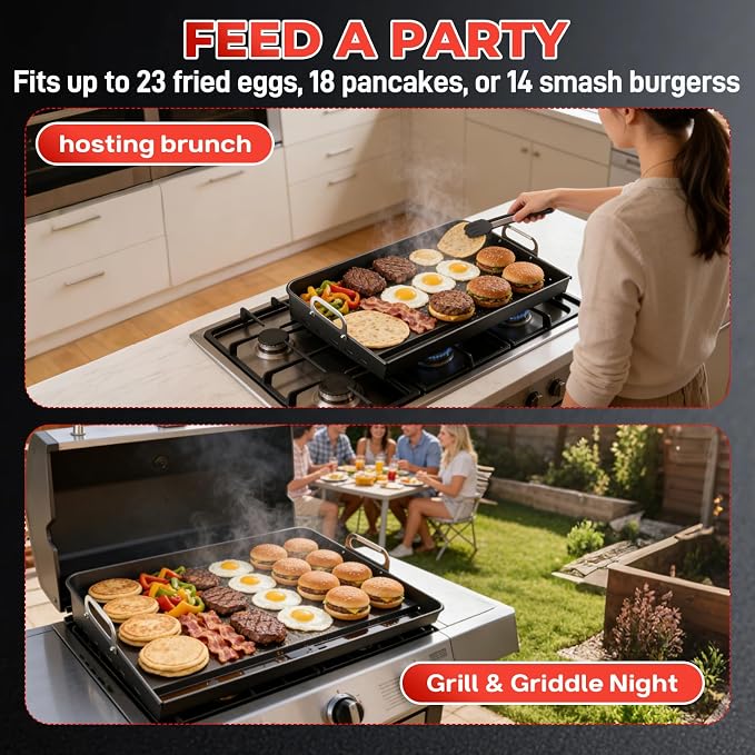 23”x16” Flat Top Griddle for Gas Grill – Airflow-Optimized Size for Even | Cooking, Stove Top Griddle Nonstick Carbon Steel Griddle Universal Fit Plate for Outdoor Tailgating, Eggs, Steaks & Burgers