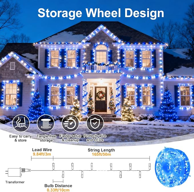 Blue White Christmas Fairy String Lights, 165FT 500L Indoor Outdoor | 8 Modes with Memory, IP65 Waterproof, Clear Wire, Tangle-Free Design for Bedroom Garden Wedding Wall Tree Party