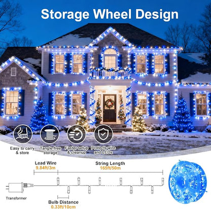 Blue White Christmas Fairy String Lights, 165FT 500L Indoor Outdoor | 8 Modes with Memory, IP65 Waterproof, Clear Wire, Tangle-Free Design for Bedroom Garden Wedding Wall Tree Party