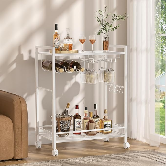 Joaxswe Bar Cart,2-Tier Home Bar Serving Cart with Lockable Wheels,White | Microwave Cart,Mobile Kitchen Shelf,Rolling Beverage Cart with Wine Rack and Glass Holder for Kitchen,Dinning Room