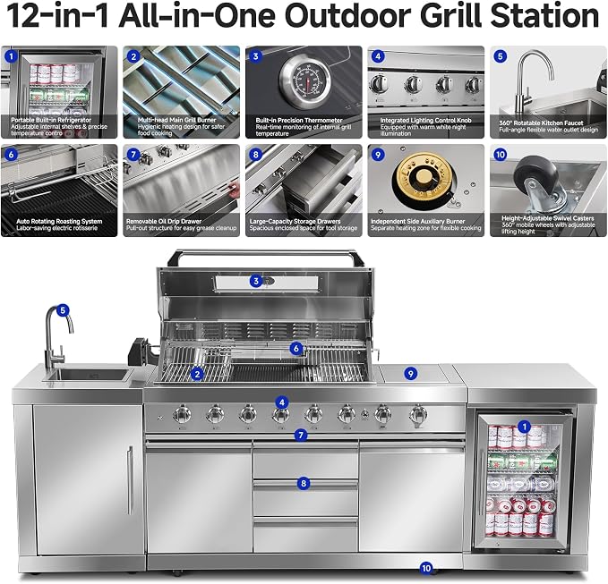 BODEGACOOLER Outdoor Kitchen Island with 6-Burner 97,000 BTU Propane Grill, Stainless Steel BBQ with Built-in Refrigerator and Sink for Backyard hosting, Patio Barbecue