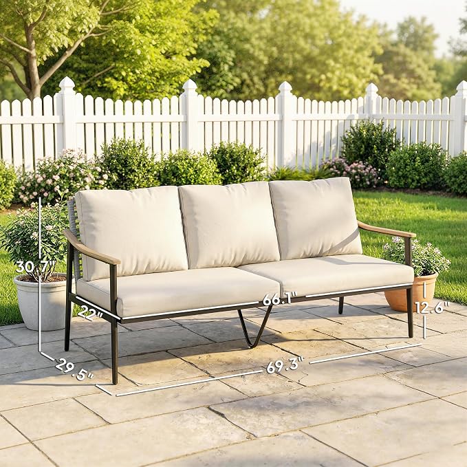 Outsunny Outdoor Patio Couch, 3 Seater Outdoor Sofa with Wood-Effect Armrests and Wicker Backrest, Outdoor Patio Furniture Couch with Cushions, Steel Frame for Porch, Garden, Backyard, Khaki