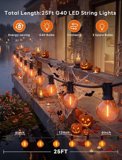 50FT G40 LED Halloween String Lights Outdoor, Orange Halloween Decorative Light with 27 LED Shatterproof Bulbs(2 Spare) Connectable Orange Outdoor Lights for Patio Balcony Backyard Pergola Decor