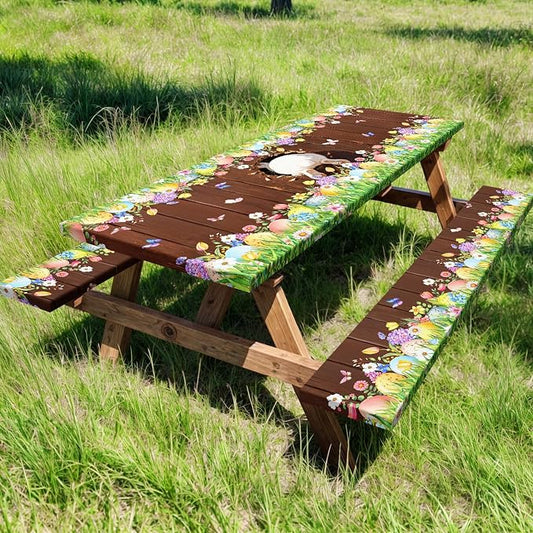 Easter Picnic Table Cover with Bench Covers Elastic Edges, Cute Bunny Flower Brown Wood Fitted Table Cover, Outdoor Patio Camping Essentials, Waterproof Camping Fitted Tablecloth, 3PCS, 30x96 Inch