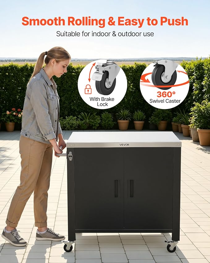 VEVOR Outdoor Grill Cart with Storage Cabinet, 40 Inch Grill Table, Waterproof Kitchen Island with Stainless Steel Top, Spice Rack, and Wheels, Movable Food Prep Station for Patio Bar Backyard BBQ