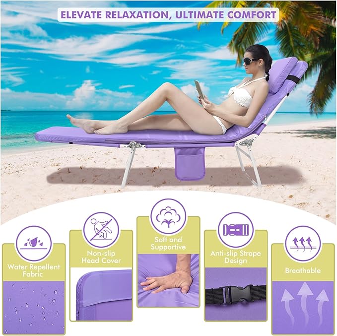 3 in 1 Women Comfort Backpack Beach Tanning Lounge Chair with Cushion Face Hole Softer Padded Adjustable Washable, Layout Sun Chair for Adults Outside Reading Sunbathing Poolside, 6 Position, 2 Pack