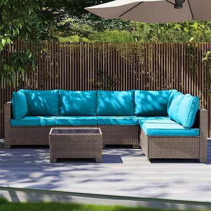 MOCHITO 7 Pieces Outdoor Patio Furniture Sets, All-Weather Sectional Sofa Dark Brown PE Rattan Wicker Conversation Set with Glass Table and Washable Turkish Cushions for Backyard,Sunroom,Garden,Porch