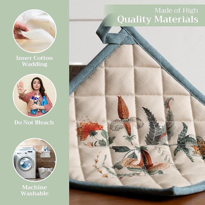 Maison d' Hermine Pot Holders 100% Cotton Potholders (8" x 8", Pack of 1) | Heat Resistant Hot Pads with Loop BBQ Cooking Baking Hotel Kitchen Handling Hot Pans Thanksgiving Christmas - Dalida