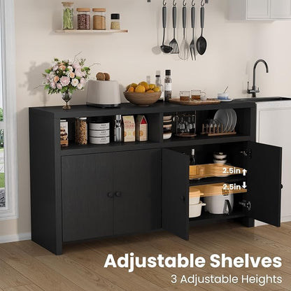 Buffet Sideboard Cabinet with Storage, 55" Kitchen Storage Cabinet, Black | 4 Doors & Adjustable Shelves, Farmhouse Wood Coffee Bar Cabinet for Kitchen, Dining Room, Living Room