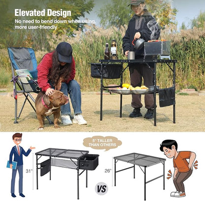 REDCAMP Folding Portable Grill Table with Sink for Outside, Lightweight Aluminum Metal Grill Stand Picnic Table for Camping Cooking BBQ RV Picnic, 2 Heights Adjustable,Black 36"x20"