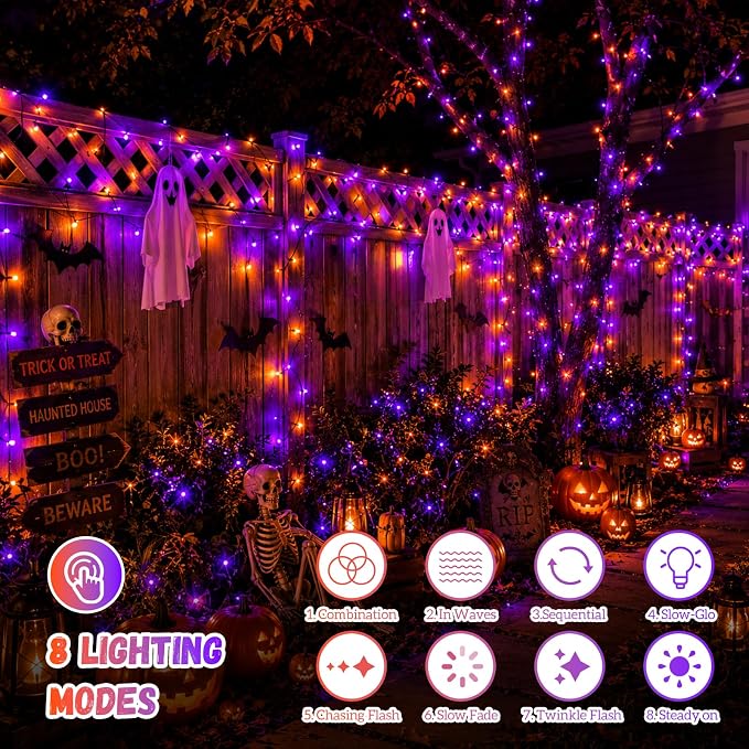 QITONG Solar Halloween String Lights, 2 Pack Each 33ft 100 LED Orange and Purple Led Lights Outdoor Waterproof, 8 Modes Christmas Solar Twinkle Lights for Patio Porch Decor