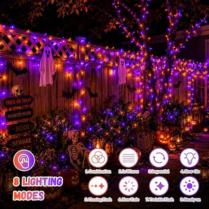 QITONG Solar Halloween String Lights, 2 Pack Each 33ft 100 LED Orange and Purple Led Lights Outdoor Waterproof, 8 Modes Christmas Solar Twinkle Lights for Patio Porch Decor