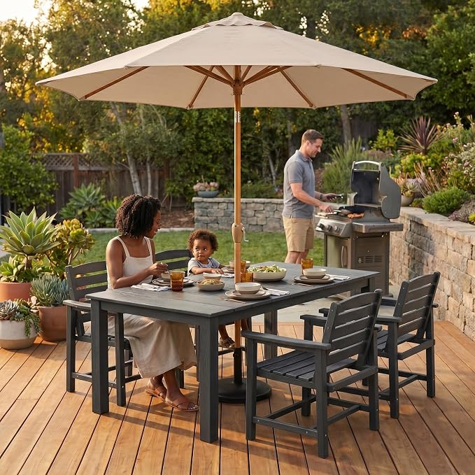 9ft Outdoor Patio Umbrella, Market Table Umbrella with Crank and Easy Push Button Tilt, Wood Grain Frame, UPF 50+ for Pool, Garden, Deck, Backyard