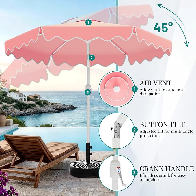 AreShark 7.5FT Outdoor Patio Umbrella with Wavy Trim (Peach Pink) | Market Table Umbrellas w/ 6 Sturdy Ribs, Crank & Tilt, White Pole, Pool Umbrella with UV-Fade Resistant Fabric, Heavy Frame