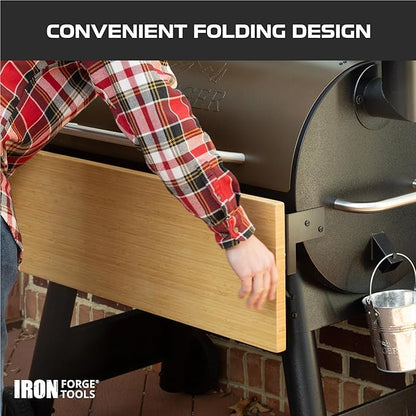 Iron Forge Tools 36.5x12 Wood Folding Grill Shelf Accessory - Charcoal Grill Accessories for Pellet Smoker Barbeque - Compatible with Traeger Pro 34, Pro 780, Ironwood 885 Series Texas Elite, Eastwood