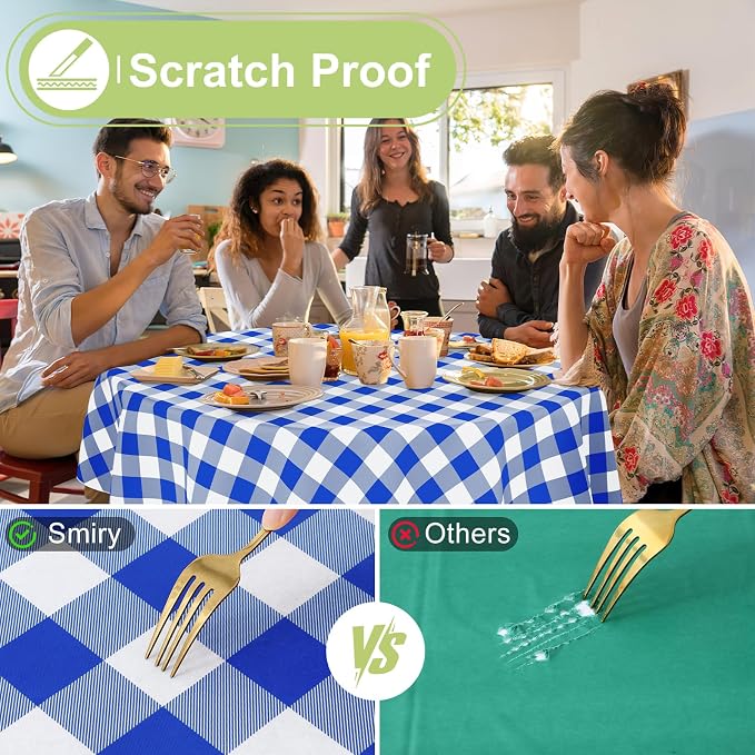 Smiry Picnic Table Cloth, Vinyl Tablecloths with Flannel Backing, 60" Round | Waterproof Picnic Table Cloth, Wipeable Buffalo Plaid Table Cover for Indoor and Outdoor (Blue & White)